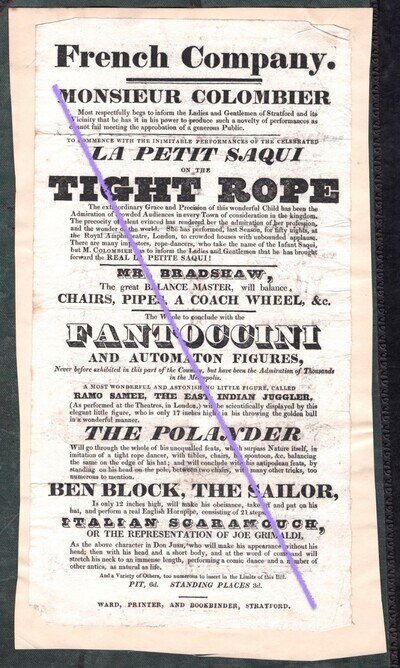 1820 Playbill Madame Saqui Tightrope Dancer Puppets Automoaton Stratford Theatre