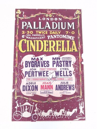 1953 POSTER LONDON PALLADIUM PANTO CINDERELLA MAX BYGRAVES SIGNED JULIE ANDREWS