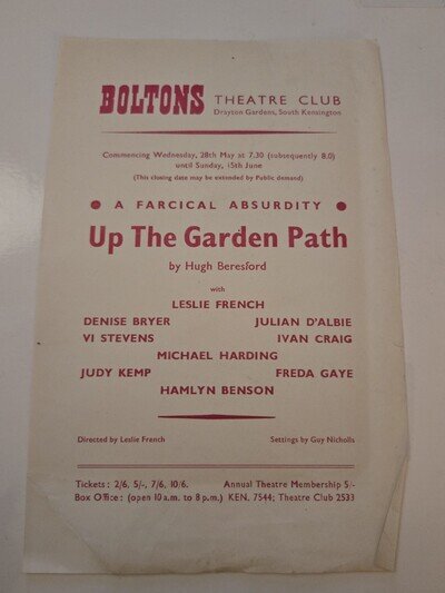 Boltons Theatre Club Programme “Up The Garden Path” Hugh Beresford Leslie French
