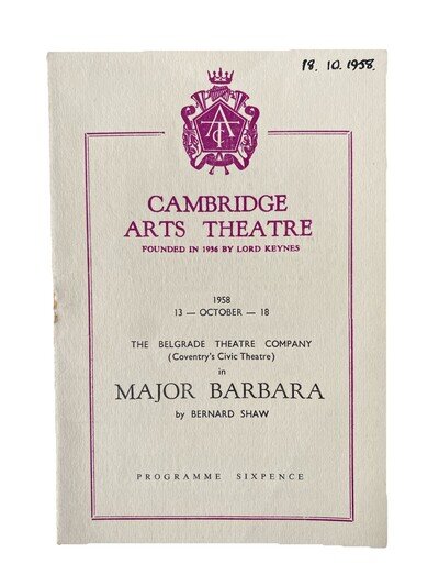 Cambridge Arts Theatre Programme Major Barbara Bernard Shaw Vintage 1958
