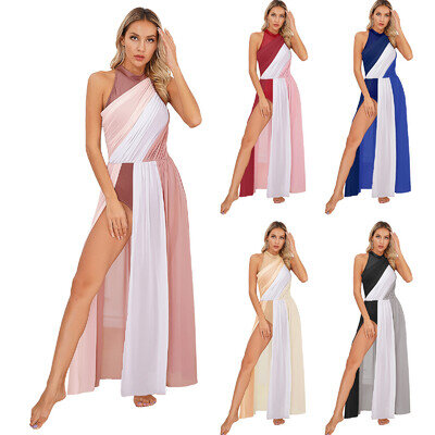 Women's Long Maxi Lyrical Dance Costume Split Color Block Contemporary Dance UK