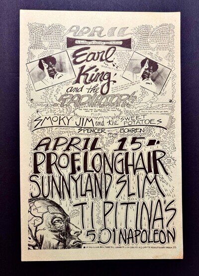 PROFESSOR LONGHAIR EARL KING Original 1970’s Tipitina’s Poster New Orleans RARE