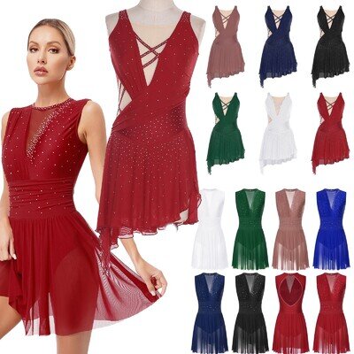 Women Figure Skating Dress Glittery Mesh Ice Skating Dress Ballet Lyrical Dance