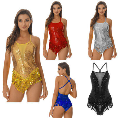Women's Girl Shiny Sequins Leotard One Piece Tassel Bodysuit Latin Jazz Dance UK