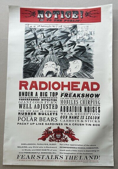 Original Radiohead and Kid A Big Top Tour Poster 2000. Great Condition Rare A1