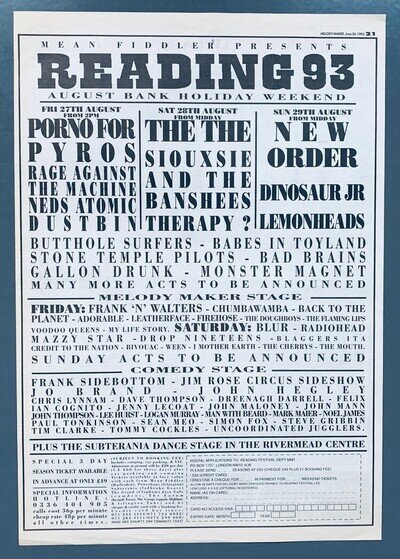 READING FESTIVAL 1993 POSTER ADVERT NEW ORDER WEEN BLUR DINOSAUR JR RADIOHEAD