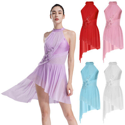 UK Women Lyrical Dance Modern Ballet Dancewear Straps Back Chiffon Flowy Dress