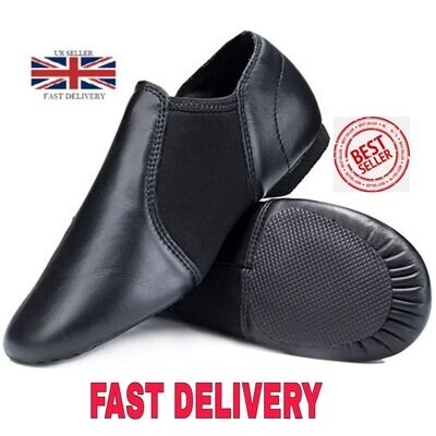Slip on jazz dance shoes Black Leather Neoprene Rubber Split sole Kids & Girls