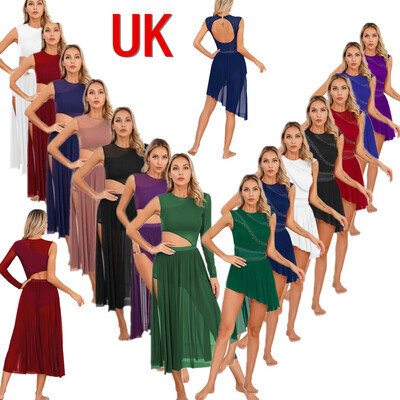 UK Womens Girls Rhinestone Lyrical Dance Dress Sheer Mesh Leotard Modern Costume