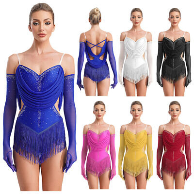 Women Sequin Fringe Leotard Latin Cha-Cha Ballet Jazz Bodysuit Dancewear Costume