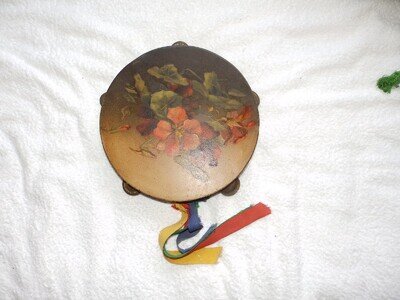 Antique Metal Tamborine Hand Painted Flowers