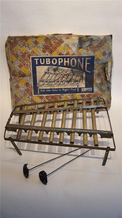 1930's Tubophone Musical Instrument in Brass Frame Xylophone Type