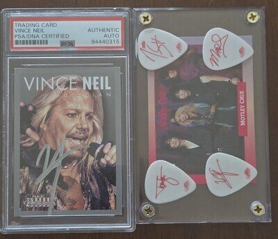 Motley Crue Autograph Guitar Pick Card Mars Sixx Neil Lee PSA DNA