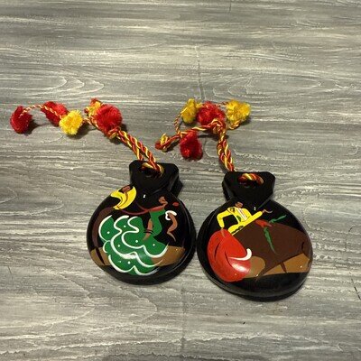 Vintage Hand Painted Spanish Castanets One With A Bull Fighter & Dancers Nib