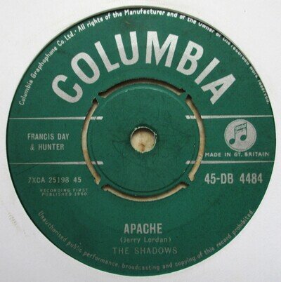 The Shadows – 7" UK 45 - Apache - 1960 - Columbia - 45-DB 4484 - VG/M