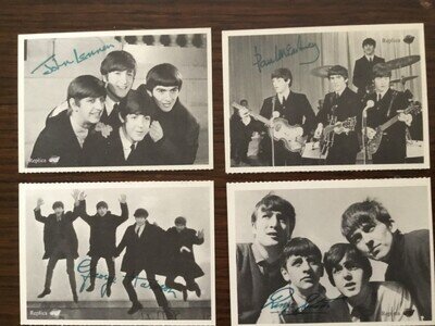 4 ICONIC SMALL BEATLES CARD PHOTO'S WITH PRINTED AUTOGRAPHS *((REPRODUCTION’S))*