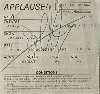 Joan Collins Signed Autograph ‘Private Lives’ Aldwych Theatre Ticket 1990