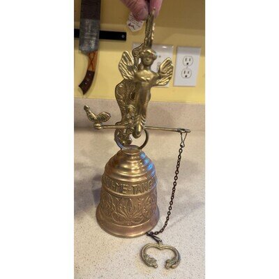 Vintage brass monastery bell doorbell with an angel 1940s brass bell