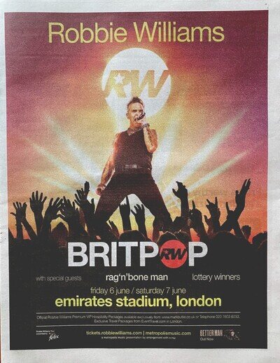 Robbie Williams Live Tour Date 2025 Ad Newspaper Advert Poster 14x11-ROLLED TUBE