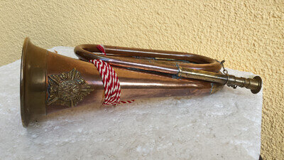 1st WW2 ENGLISH Brass Signal Horn Quinque Juncta In Uno 1916 MG Regiment Mil