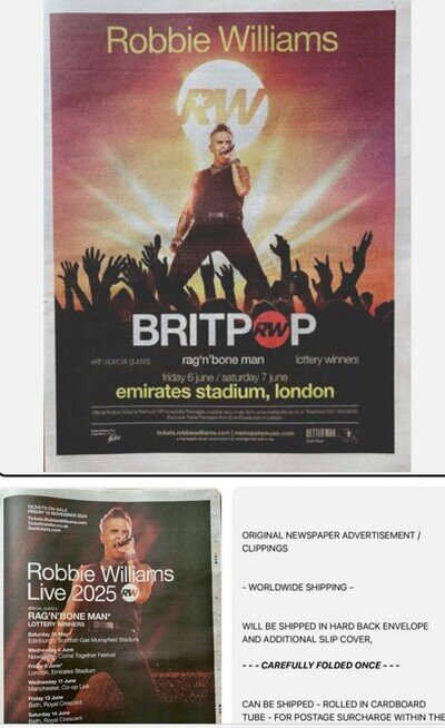 2x Robbie Williams Live Tour Date 2025 Britpop News Advert Poster 14x11 ROLLED