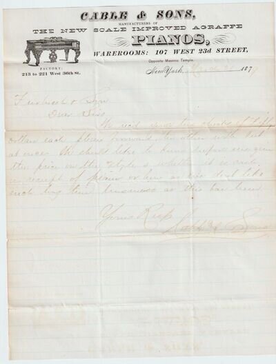 RARE Advertising Signed Letter - Cable & Sons Pianos New York 1879 Bill Head