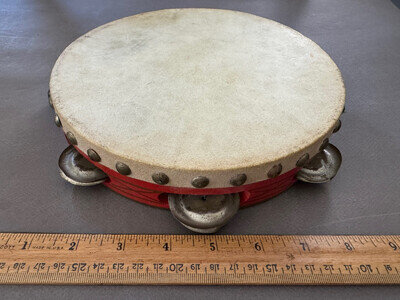 8.5" RED PAINATED WOOD & METAL TAMBOURINE DRUM PERCUSSION INSTRUMENT VINTAGE
