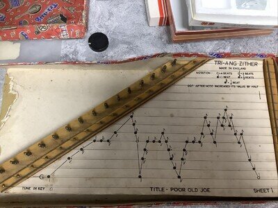 Zither By Triangle With Music Sheets. In Original Box vintage musical instrumen