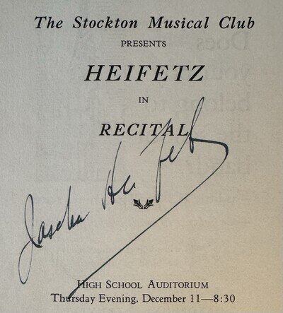 Jascha Heifetz Autographed Program, violinist, Stockton California