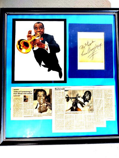 Louis Armstrong Autograph w/COA 24x22 Framed "SATCHMO" Jazz Display Ft. Hood,TX