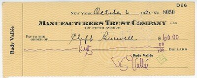 1932 -RUDY VALLEE/CLIFF BURWELL- Signed/Autograph/Auto Vintage JAZZ Music Check