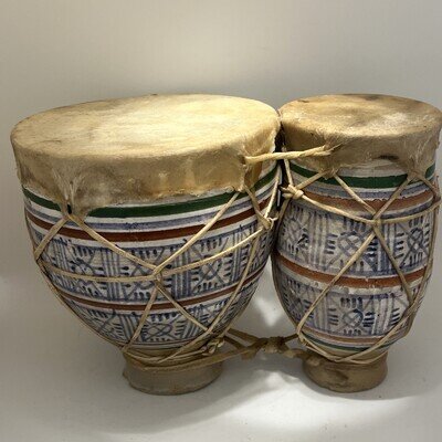 Vintage African Moroccan Tbilat Double Drum Handmade Earthenware Leather Tan