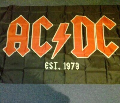 ACDC Flag 90cmx 150cm & AC/DC Plectrum & Facsimile Angus Young Autograph Card