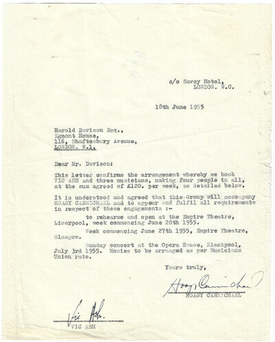 Hoagy Carmichael (1899-1981) & Vic Ash, typed letter, signed by both, 18.6.1955