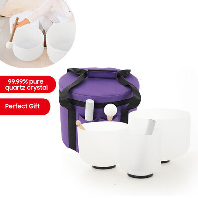 Set of 3 Frosted Quartz Crystal Singing Bowls 6/8/10 Inch White-