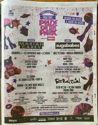 Pride Brighton Hove LGBTQ Line Up Mariah Carey Fatboy Slim News Ad Poster 14x11”