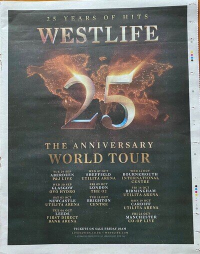 Westlife Live 2026 Tour Dates Advert 25 Anniversary News Ad Poster 14x11” Large