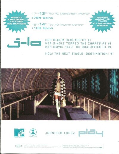 JENNIFER LOPEZ Rare VINTAGE Play 2001 PROMO TRADE AD Poster for J LO CD MINT USA