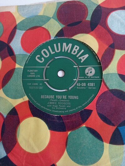 Jimmie Rodgers - Because You're Young (Columbia DB 4281) EX Vinyl Record 7"