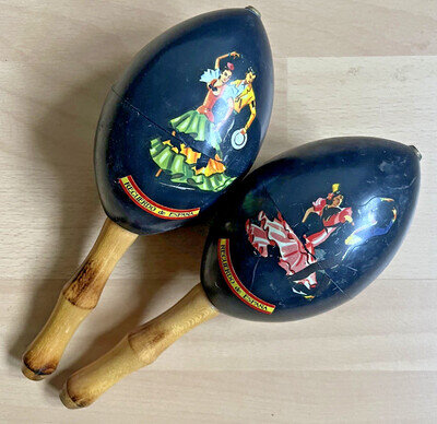 Vintage Maracas Spanish Wooden Flamenco Music Hand Shakers Recuerdo de Espana