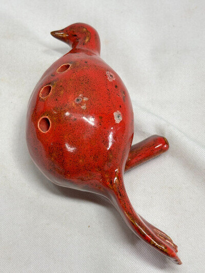 Vintage Whistle Pottery Bird Handmade Red Glaze 6.5" -3 Hole Ocarina