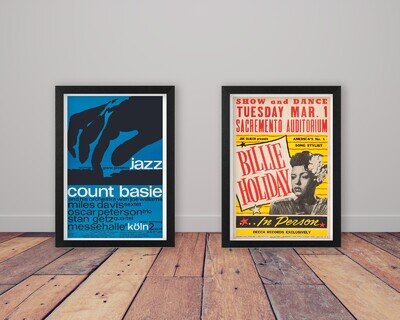 Set of 2 Vintage Jazz Concert Poster Prints Framed Wall Art Basie, Holiday
