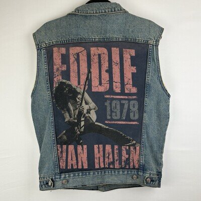 Eddie Van Halen Vintage Poster Denim Vest Jacket EVH Men’s Large Rock Concert