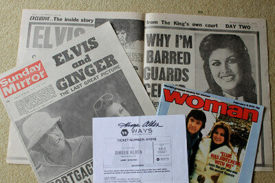 Ginger's autograph and Elvis and Ginger newspaper cuttings, plus Woman magazine.