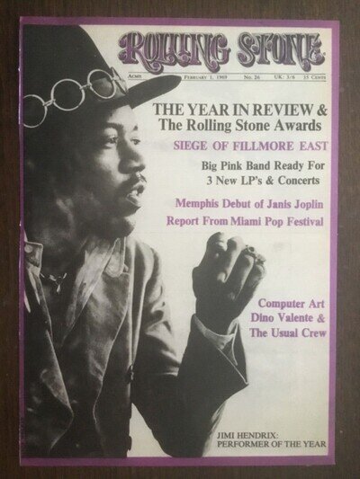 1969 POSTER OF JIMI HENDRIX ON THE COVER OF “ROLLING STONE” & ON BACK IN ACTION