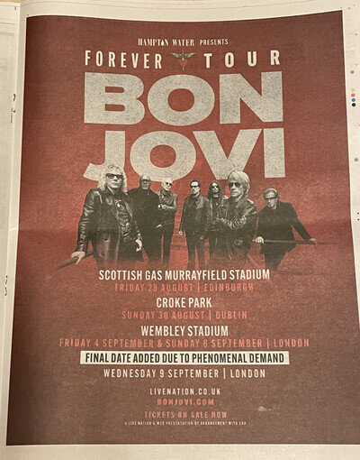 BON JOVI LIVE 2026 FOREVER TOUR - Poster Page from Newspaper 14 x 11 Inch