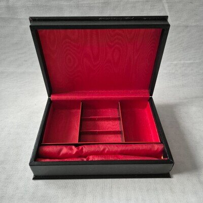 Vintage Handmade Black Faux Leather Jewellery Box With Red Lining 8,3×6" 21×15cm