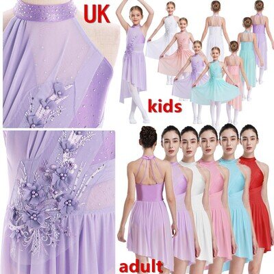 UK Women Girls Lyrical Dance Leotard Modern Contemporary High-Low Ballet Dress