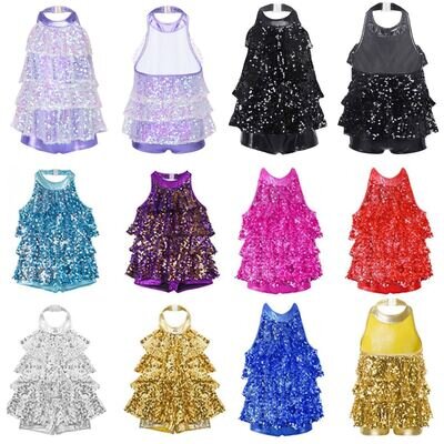 UK Girls Sequins Jazz Dance Costumes Ballet Modern Halter Leotard Shiny Dress