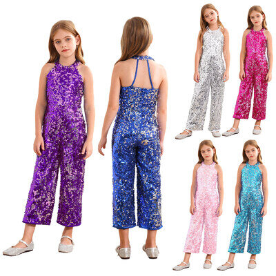 UK Kids Girls Sparkly Sequins Rompers Sleeveless Jumpsuit Jazz Party Dance Dress